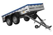 Laden Sie das Bild in den Galerie-Viewer, GARDEN TRAILER 264/2 KIPP MIT STÜTZRAD, PLANENTRÄGER UND BLAUER FLACHPLANE-Neu