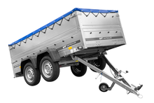 Laden Sie das Bild in den Galerie-Viewer, GARDEN TRAILER 264/2 KIPP Zweiachsanhänger mit Stützrad, Planenträgern, zus. Bordwänden und blauer Flachplane-Neu