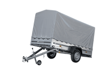 Laden Sie das Bild in den Galerie-Viewer, GARDEN TRAILER 264 KIPP MIT STÜTZRAD, H1100-HOCHSPRIEGEL UND GRAUER PLANE-Neu