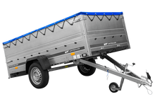 Laden Sie das Bild in den Galerie-Viewer, Großer Anhänger 750 kg GARDEN TRAILER 264 KIPP mit Bordwandaufsatz [zusätzliche 40 cm], Stützrad und blauer Flachplane-Neu