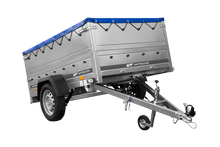 Laden Sie das Bild in den Galerie-Viewer, Leichtanhänger auf Blattfedern 200×125 UNITRAILER GARDEN 201/R KIPP mit BIS-Seiten, H-0-Rahmen und blauer Plane-Neu