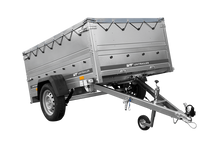 Laden Sie das Bild in den Galerie-Viewer, Leichtanhänger auf Blattfedern 200×125 UNITRAILER GARDEN 201/R KIPP mit BIS-Seiten, H-0-Rahmen und grauer Plane-Neu