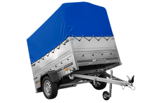 Laden Sie das Bild in den Galerie-Viewer, Leichtanhänger auf Blattfedern 200×125 UNITRAILER GARDEN 201/R KIPP mit BIS-Seiten, H-800-Rahmen und blauer Plane-Neu