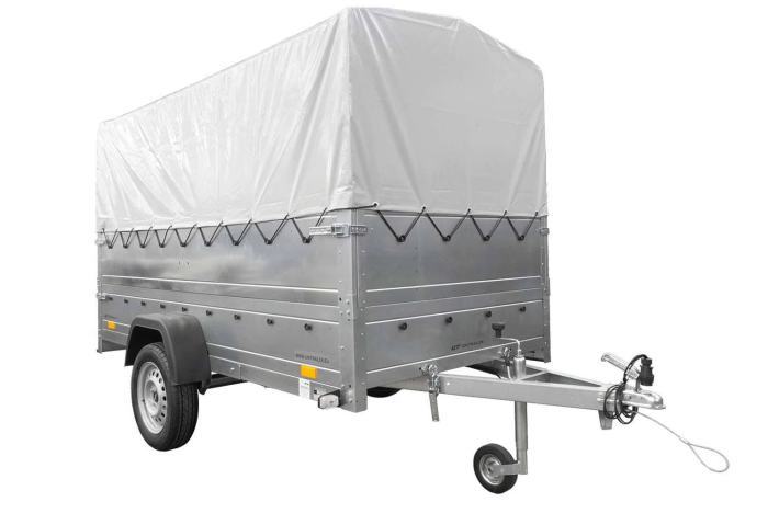 Leichtanhänger auf Federn 264×125 UNITRAILER GARDEN 264/R KIPP mit BIS-Seiten, H-800-Rahmen und grauer Plane-Neu