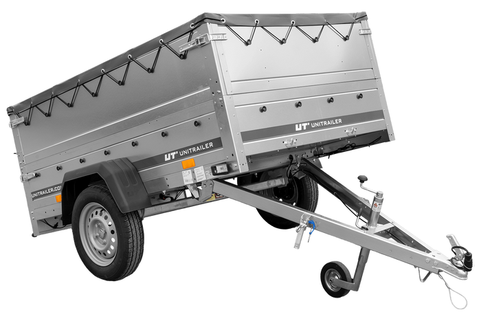 Leichter Anhänger 200×125 UNITRAILER GARDEN 201 KIPP mit BIS-Seitenwänden, H-0-Rahmen und grauer Plane-Neu
