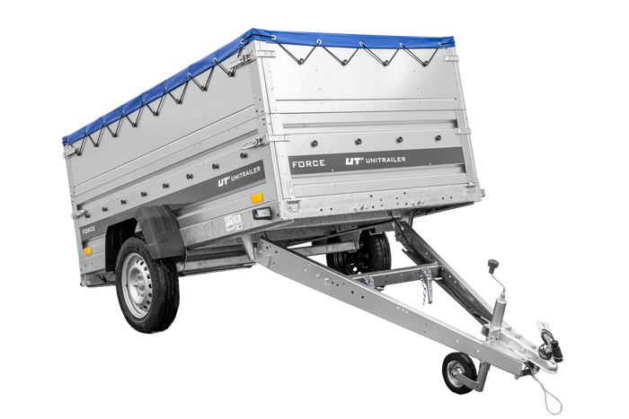 Leichter Anhänger 230×125 UNITRAILER FORCE 230 KIPP mit BIS-Seitenwänden, H-0-Rahmen und blauer Plane-Neu
