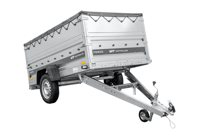 Leichter Anhänger 230×125 UNITRAILER FORCE 230 KIPP mit BIS-Seitenwänden, H-0-Rahmen und grauer Plane-Neu