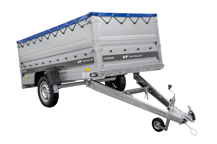 Leichter Anhänger 264×125 UNITRAILER FORCE 264 KIPP mit BIS-Seitenwänden, H-0-Rahmen und blauer Plane-Neu