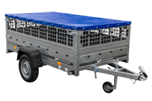 Laden Sie das Bild in den Galerie-Viewer, Leichter Anhänger auf Blattfedern 230×125 UNITRAILER GARDEN 230/R KIPP mit Gitterwänden, H-0-Rahmen und blauer Plane-Neu