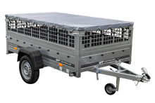 Laden Sie das Bild in den Galerie-Viewer, Leichter Anhänger auf Blattfedern 230×125 UNITRAILER GARDEN 230/R KIPP mit Gitterwänden, H-0-Rahmen und grauer Plane-Neu