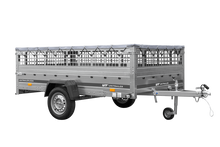 Laden Sie das Bild in den Galerie-Viewer, Leichter Anhänger auf Blattfedern 264×150 UNITRAILER GARDEN 265/R KIPP mit Gitterwänden, H-0 Rahmen und grauer Plane-Neu