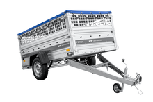 Laden Sie das Bild in den Galerie-Viewer, Leichter Anhänger auf Federn 230×125 UNITRAILER FORCE 230/R KIPP mit Gitterwänden, H-0-Rahmen und blauer Plane-Neu