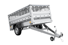 Laden Sie das Bild in den Galerie-Viewer, Leichter Anhänger auf Federn 230×125 UNITRAILER FORCE 230/R KIPP mit Gitterwänden, H-0-Rahmen und grauer Plane-Neu