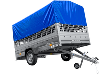 Laden Sie das Bild in den Galerie-Viewer, PKW-Anhänger 264×150 UNITRAILER GARDEN 265 KIPP mit Gitteraufsatz, Hochspriegel H-800 und blauer Plane-Neu
