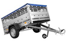 Laden Sie das Bild in den Galerie-Viewer, PKW-Anhänger auf Federn 200×125 UNITRAILER GARDEN 201/R KIPP mit Gitterwänden, H-0-Rahmen und blauer Plane-Neu
