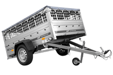 Laden Sie das Bild in den Galerie-Viewer, PKW-Anhänger auf Federn 200×125 UNITRAILER GARDEN 201/R KIPP mit Gitterwänden, H-0-Rahmen und grauer Plane-Neu
