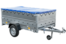 Laden Sie das Bild in den Galerie-Viewer, PKW-Anhänger auf Federn 230×125 UNITRAILER GARDEN 230/R KIPP mit BIS-Bordwänden, H-0-Rahmen und blauer Plane-Neu