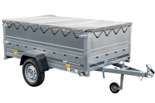 Laden Sie das Bild in den Galerie-Viewer, PKW-Anhänger auf Federn 230×125 UNITRAILER GARDEN 230/R KIPP mit BIS-Seiten, H-0-Rahmen und grauer Plane-Neu