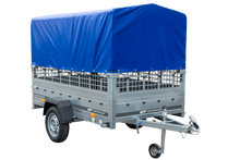 Laden Sie das Bild in den Galerie-Viewer, PKW-Anhänger auf Federn 230×125 UNITRAILER GARDEN 230/R KIPP mit Gitterwänden, H-800-Rahmen und blauer Plane-Neu