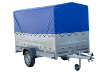 Laden Sie das Bild in den Galerie-Viewer, PKW-Anhänger auf Federn 264×125 UNITRAILER GARDEN 264/R KIPP mit BIS-Seiten, H-800-Rahmen und blauer Plane-Neu