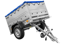Laden Sie das Bild in den Galerie-Viewer, Pkw Anhänger Neu GARDEN TRAILER 150 KIPP mit zusätzlichen Bordwänden, Stützrad und blauer Flachplane-Neu