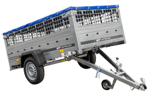 Laden Sie das Bild in den Galerie-Viewer, Pkw Transport Anhänger 230×125 Garden Trailer 230 KIPP mit Laubgitteraufsatz, blauer Flachplane und Stützrad-Neu
