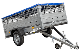 Pkw Transport Anhänger 230×125 Garden Trailer 230 KIPP mit Laubgitteraufsatz, blauer Flachplane und Stützrad-Neu
